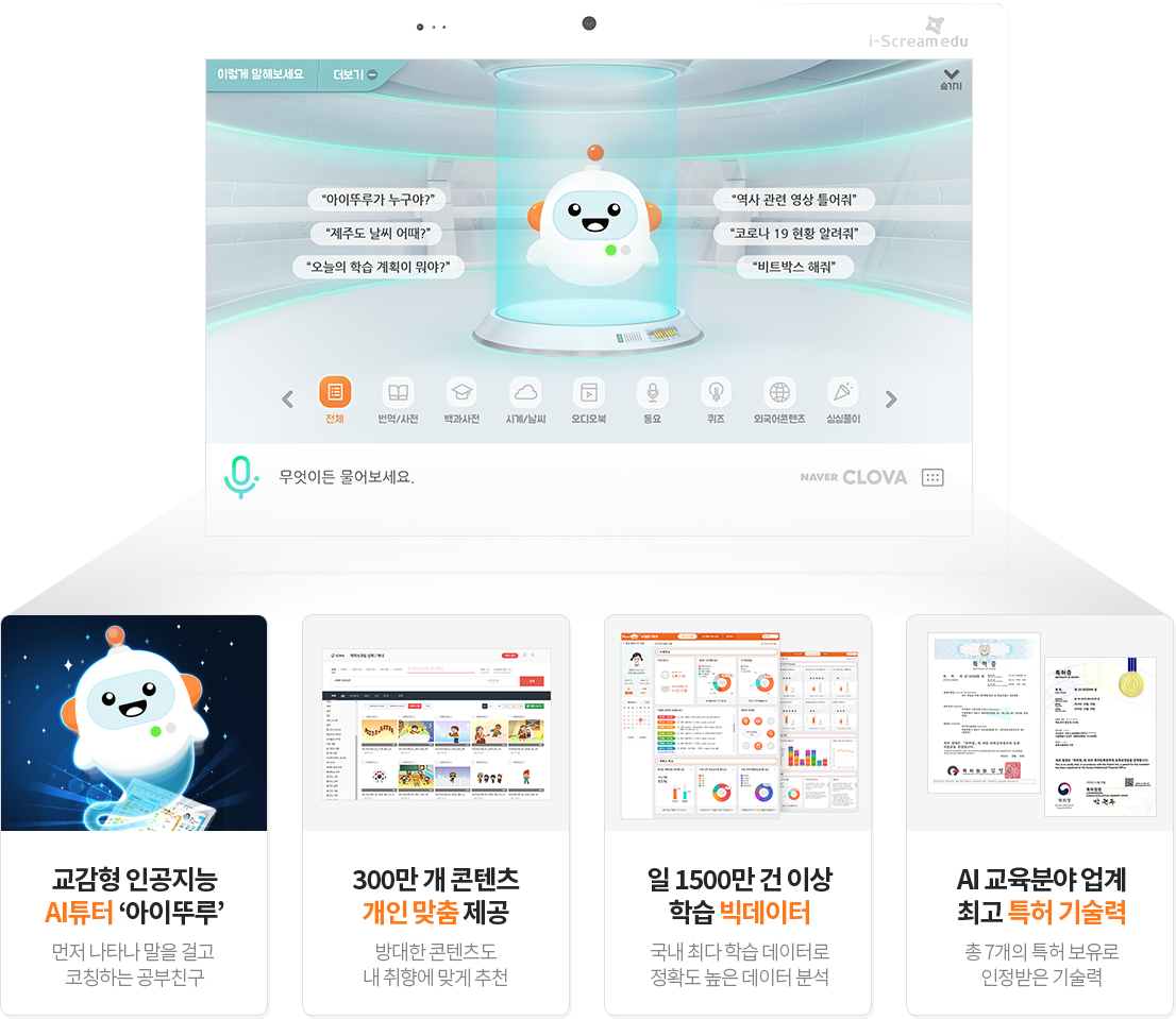 
                교감형 인공지능  AI튜터 ‘아이뚜루’:먼저 나타나 말을 걸고  코칭하는 공부친구.
                300만 개 콘텐츠 개인 맞춤 제공:방대한 콘텐츠도 내 취향에 맞게 추천.
                일 1500만 건 이상 학습 빅데이터 :국내 최다 학습 데이터로 정확도 높은 데이터 분석.
                AI 교육분야 업계 최고 특허 기술력:총 7개의 특허 보유로 인정받은 기술력.
                